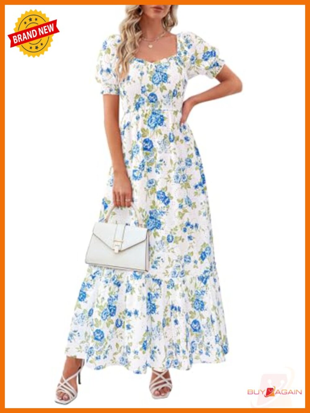 Women's Floral Eyelet Boho Maxi Dress Sweetheart Neck Smocked A-Line